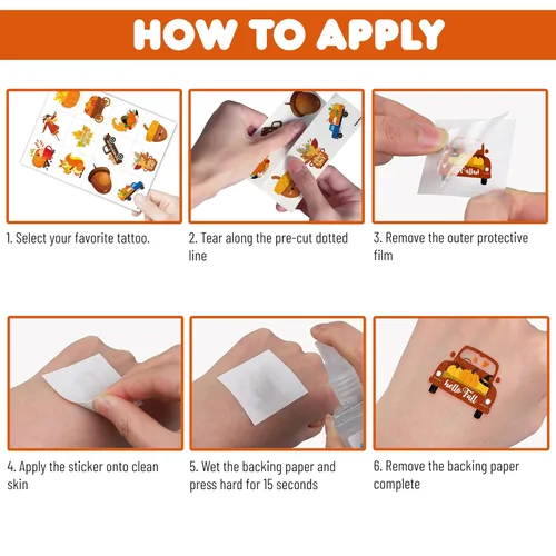Miniatura 5 de 96 piezas de tatuajes temporales precortados para otoño y otoño, decoración de fiesta de cumpleaños, suministros de decoración de Acción de Gracias