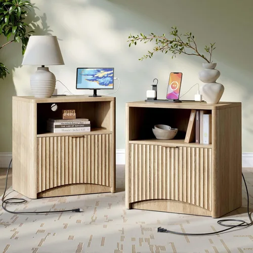 Miniatura 16 de Evermagin Mesita de noche acanalada, mesita de noche de roble natural con cajón y almacenamiento, mesa auxiliar de madera moderna de mediados