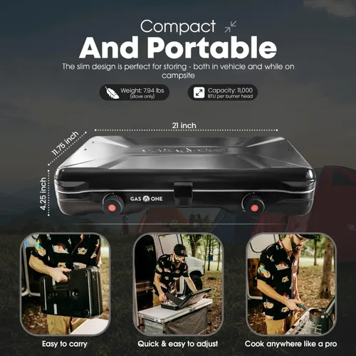 Miniatura 2 de GasOne - Estufa portátil de campamento – Estufa de propano doble con encendido automático de giro – 22,000 BTU con 2 quemadores y protector contra