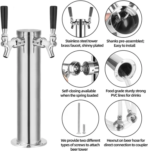 Miniatura 4 de TMCRAFT Dispensador de torre de cerveza de barril de doble grifo, kit dispensador de torre de cerveza de acero inoxidable pulido con tubo premontado