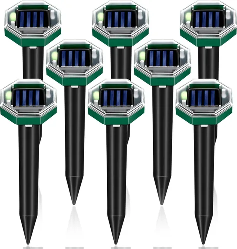 Paquete de 8 repelentes de topos con energía solar, repelente de serpientes para patio, césped, jardín, impermeabilidad IP65, estacas disuasorias