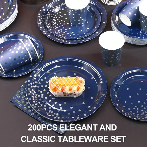 Miniatura 4 de 200 platos de cumpleaños desechables azules y plateados para 50 invitados, platos y servilletas de color azul marino para decoración de boda, Azul