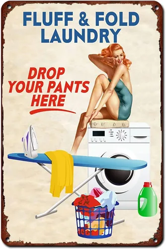 Pin Up Girl - Cartel de metal de hojalata con texto en inglés «Pelucho» y «Fold Laundry drop your pants here», póster retro para cafetería, bar,