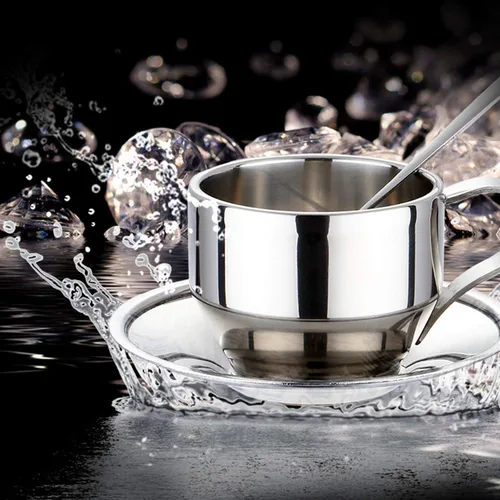 Miniatura 2 de Jasni Taza de café de acero inoxidable, tazas de café expreso y grandes tazas de capuchino con cuchara y platillo, idea de regalo para los amantes