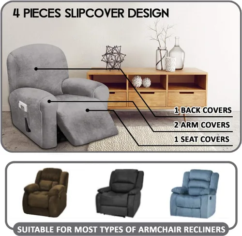 Miniatura 2 de ULTICOR Funda reclinable de terciopelo para sofá reclinable de 4 piezas, 1 asiento, fundas elásticas de terciopelo para sofá reclinable de 1 cojín