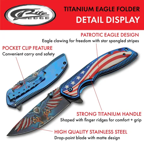 Miniatura 2 de SZCO 300583 - Cuchillo plegable EDC con mango de titanio American Eagle de 8.25 pulgadas con clip de bolsillo, rojo, blanco y azul