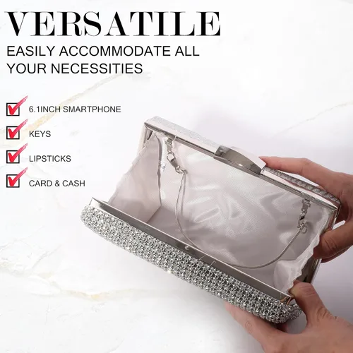 Miniatura 5 de Bolso de mano de cristal plateado para mujer, bolso de noche con purpurina para boda, cena, fiesta, baile de graduación, cóctel