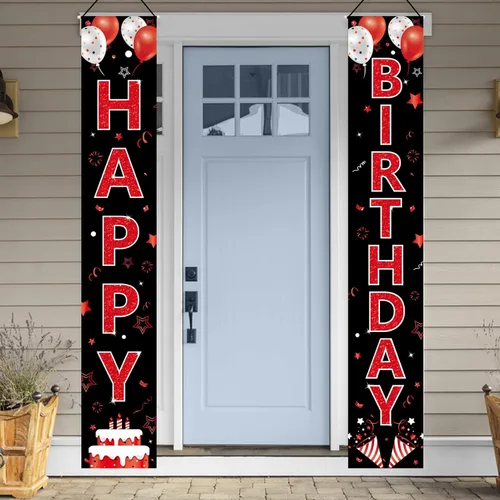 Miniatura 6 de Cartel de cumpleaños rojo y negro para puerta de cumpleaños para hombres y mujeres, letrero de feliz cumpleaños rojo y negro, suministros de fiesta