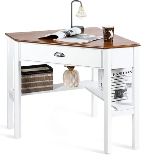 Miniatura 11 de RELAX4LIFE Escritorio esquinero para computadora triangular con cajón y estantes, mesa estable para computadora portátil, escritorio para oficina