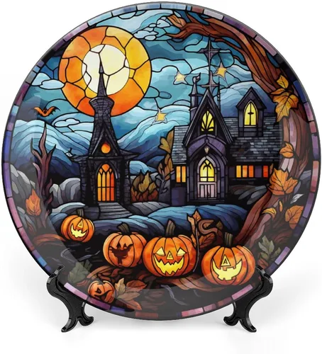 Miniatura 16 de Platos decorativos de Halloween, calabaza en el bosque, 31 de octubre por la noche, vitral, plato de cena de cerámica con soporte de exhibición