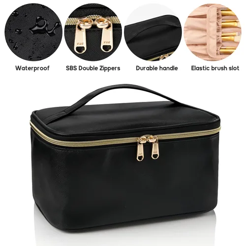 Miniatura 4 de OCHEAL Bolsa de maquillaje, bolsa de cosméticos portátil, organizador de maquillaje de viaje de gran capacidad, color negro para mujeres, bolsa