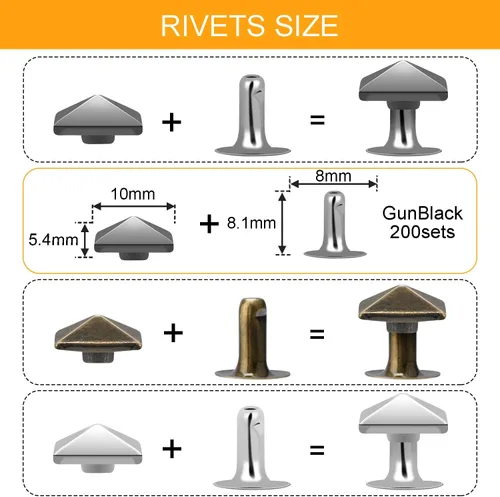 Miniatura 2 de CooBigo 100 juegos de remaches rápidos piramidales de 0.394 pulgadas, remaches pequeños de metal para muñecas de cuero, botas, ropa, collares