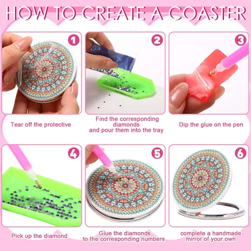 Miniatura 4 de Geetery 12 piezas de pintura compacto mini espejo DIY pintura portátil plegable de mano maquillaje monedero espejo diamante arte regalo conjunto