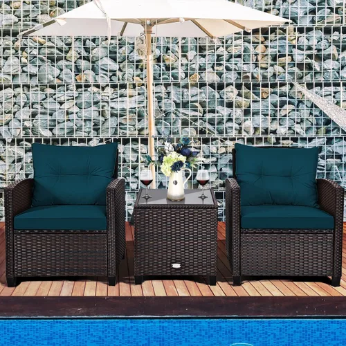 Miniatura 2 de RELAX4LIFE Juego de muebles de patio de 3 piezas, juego de conversación de mimbre con 2 sillones acolchados y mesa con tapa de cristal, juego