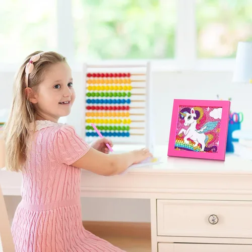 Miniatura 6 de SATINIOR Kit de pintura de diamante de unicornio con marco para niños, regalos de fiesta de unicornio, manualidades de arte de diamante, pintura 5D