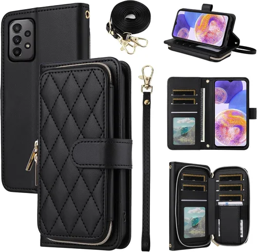 Funda tipo cartera para Samsung Galaxy A32 5G 2021 de 6.5 pulgadas con correa para la muñeca, correa para el hombro, 9+ ranuras para tarjetas con