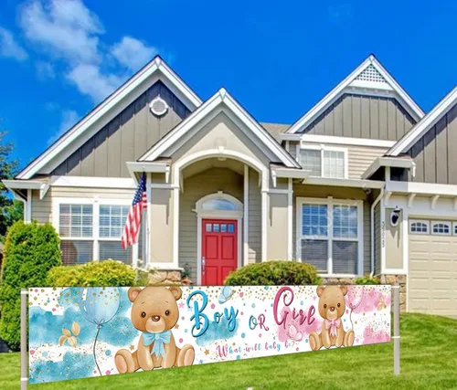 Miniatura 3 de Cartel grande de letrero para niño o niña, bonito oso revelado de género, decoración de jardín para fiesta de patio o jardín, revelación de género