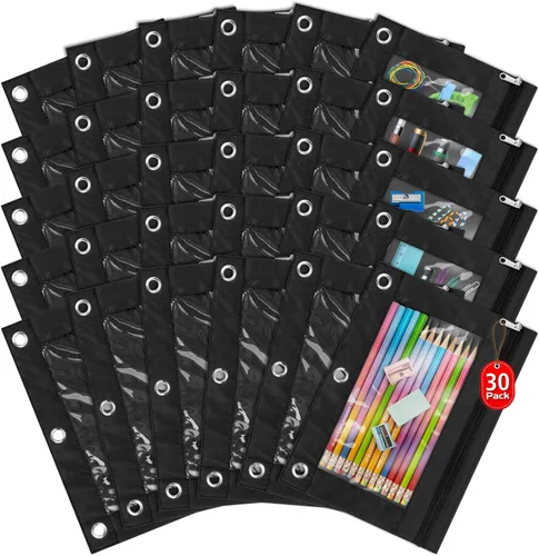 Miniatura 8 de IKAYAS Paquete de 5 bolsas negras para lápices de 3 anillos con cremallera a granel, 3 bolsas de lápices para carpetas de anillos, estuche