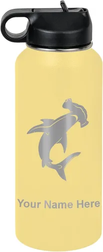 Miniatura 57 de LaserGram Botella de agua personalizada, tiburón martillo, acero inoxidable de doble pared aislada al vacío con popote superior, regalo grabado