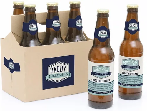 Big Dot of Happiness Daddy's First Milestones - Decoraciones para hombres - 6 etiquetas adhesivas para botellas de cerveza y 1 portador