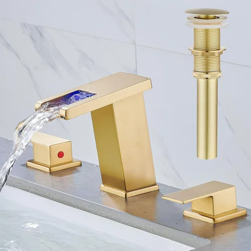 Miniatura 10 de AVSIILE Grifo de Baño LED de 3 Orificios, Grifos de Baño de Cascada Cromados, Grifo de Lavabo de Baño Moderno de 8 Pulgadas de Separación Amplia