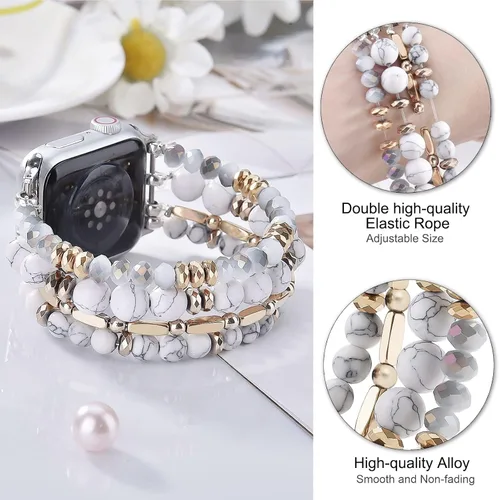 Miniatura 2 de VISOOM Pulsera de cuentas compatible con Apple Watch Band de 40mm/38mm/41mm/42mm Series 10 9 8 7 SE Series 6/5/4; correa de reloj elástica con Blanco