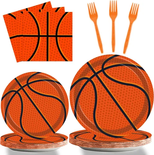 Juego de vajilla de baloncesto de 96 piezas, platos desechables para fiestas deportivas, servilletas, tenedores, decoraciones de fiesta de