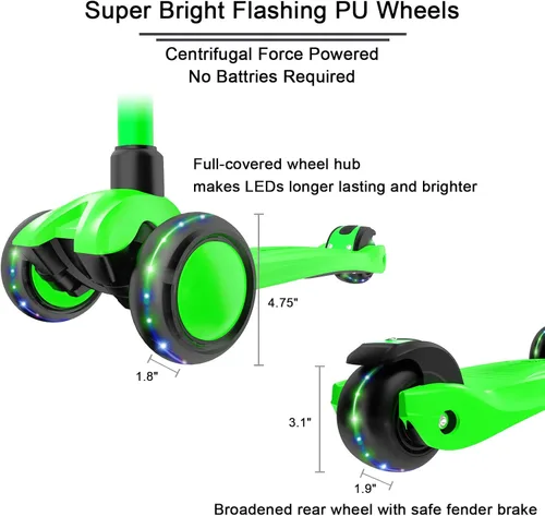 Miniatura 4 de Allek - Kick Scooter B03. Monopatín de 3 ruedas de Poliuretano iluminadas, extra anchas con sistema inclinable y deslizante (Lean 'N Glide), Verde