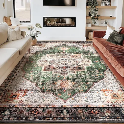 Miniatura 38 de Alfombra de área de 5 x 7 pies para sala de estar, alfombra verde boho antideslizante lavable, alfombra vintage de pelo bajo, alfombra grande