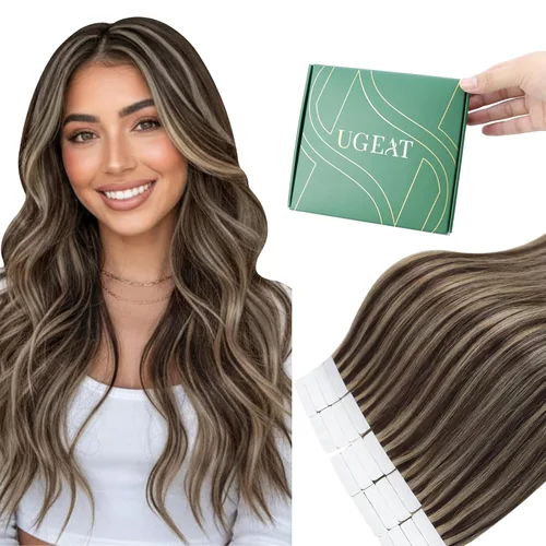 Ugeat - Extensiones de cabello humano con cinta adhesiva, color marrón, extensiones de cabello humano, color marrón oscuro a rubio caramelo, Cinta