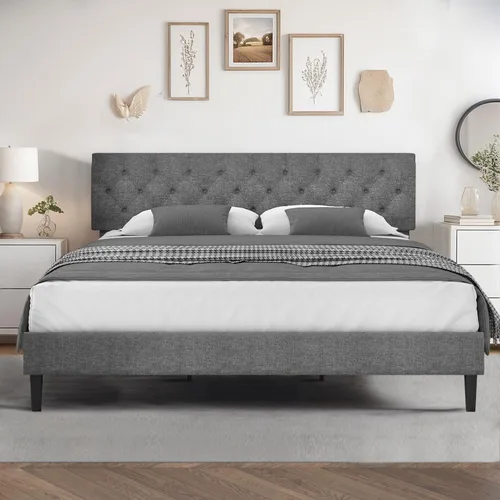 Miniatura 12 de HOMBCK Marco de Cama Queen con Cabecera Capitoné con Botones, Marco de Cama de Plataforma Tapizada Azul, Tela Suave/Soporte de Listones de Madera/No
