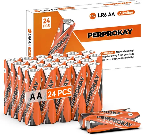 perprokay Paquete de 24 pilas AA – Alcalinas de 1.5 V de larga duración doble A con vida útil de 10 años para dispositivos de oficina y hogar