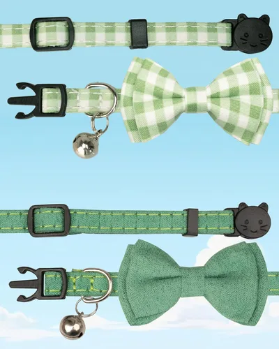 Miniatura 6 de Collar de gato con campana para niño y niña, pajarita de seguridad, a cuadros, color sólido, conjunto de regalo, lindo festivo, [2 piezas], verde