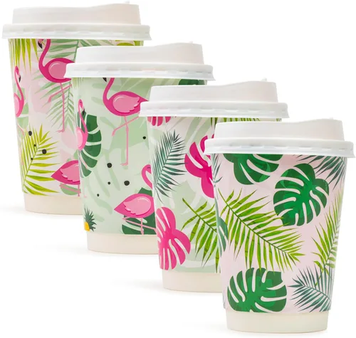 Miniatura 2 de ROYAL BLUEBONNET 48 tazas de café de papel de flamenco con tapas, 12 onzas, lindas tazas de café desechables con tapas con 4 diseños diferentes