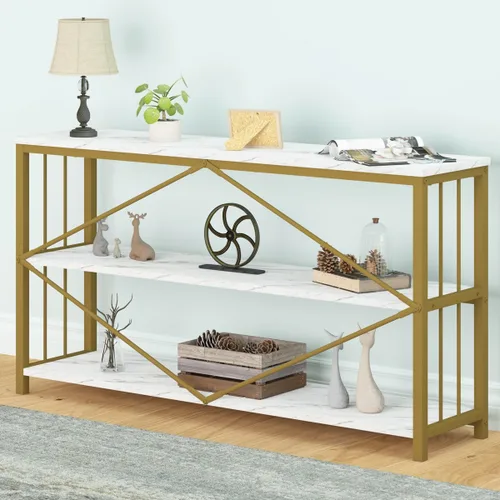 Miniatura 7 de LVB Mesa consola blanca de 3 niveles, moderna mesa de entrada de sofá de mármol sintético dorado, mesas de pasillo de metal de madera con estantes