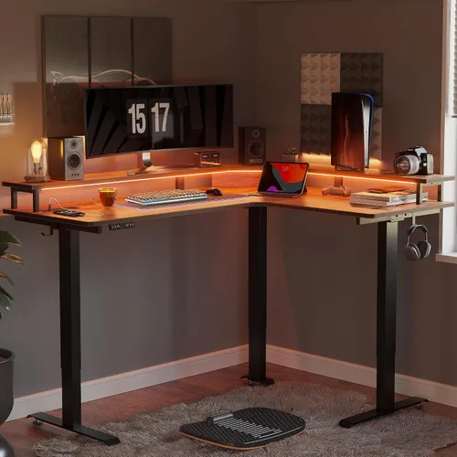 Miniatura 2 de CubiCubi Escritorio de pie con triple motor de 63 pulgadas en forma de L con tira LED y tomas de corriente, escritorio de esquina ajustable