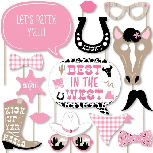 Big Dot of Happiness Pink Western Hoedown - Kit de accesorios para cabina de fotos para fiesta de caballo vaquera, 20 unidades
