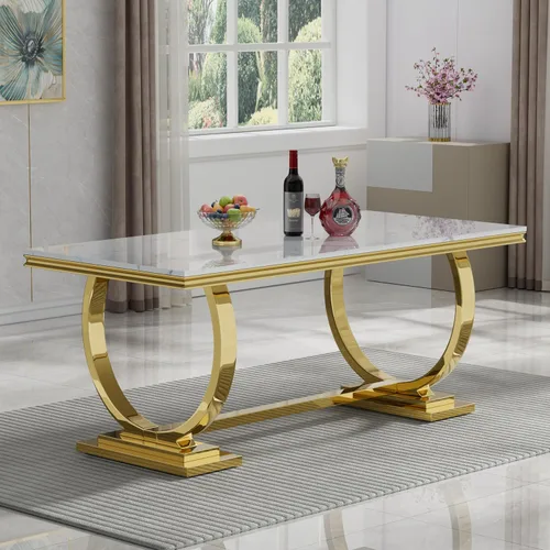 Miniatura 6 de HomVent Juego de mesa de comedor moderna de mármol sintético para 4 personas, mesa de cocina rectangular con 4 sillas beige (dorado)