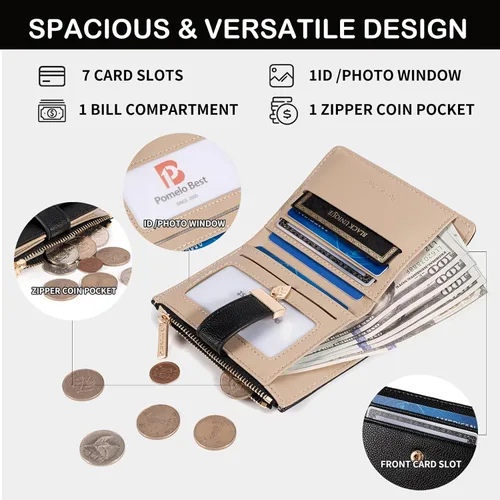 Miniatura 3 de Billetera pequeña para mujer, plegable, de piel suave, tarjetero con ventana de identificación, con cremallera, bolsillo para monedas, carteras