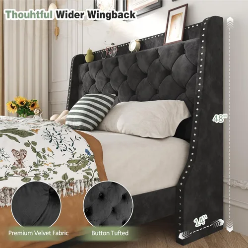 Miniatura 3 de SUNLEI Base de cama Queen con cabecera de almacenamiento, base de cama tapizada de terciopelo con cabecera copetuda con respaldo de alas, soporte