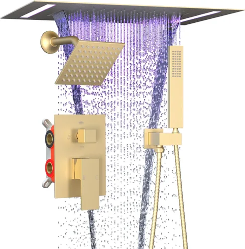 ENGA Sistema de cabezal de ducha de lluvia doble, 2 en 1 funciones de montaje en techo, cabezal de ducha LED de 14 x 20 pulgadas con cabezal de Oro