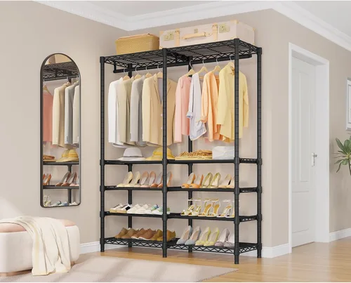 Miniatura 4 de VIPEK S2 Perchero resistente para ropa con estantes para zapatos, perchero independiente con estante para zapatos de 6 niveles, doble barra