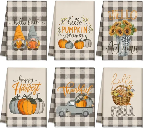 Miniatura 12 de Mixweer 6 toallas de cocina de Acción de Gracias, toalla de mano de calabaza blanca y negra de 16 x 24 pulgadas, diseño de búfalo de otoño a cuadros