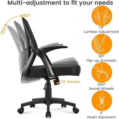 Miniatura 7 de Yaheetech Silla de oficina en casa, silla de escritorio de trabajo, silla giratoria de malla para computadora con brazos abatibles, altura Negro
