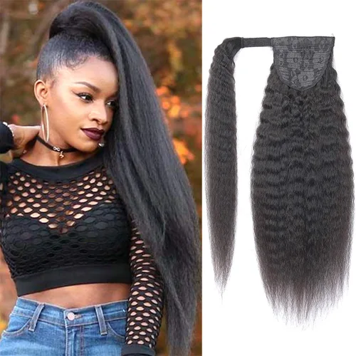 Miniatura 18 de Cola de caballo de cabello humano rizado con cordón brasileño Remy Extensin 3C Kinky Curly Hair Clip en pieza de pelo color natural sedoso suave 10