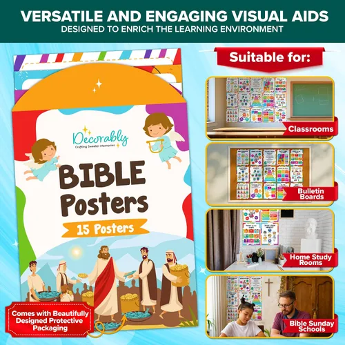 Miniatura 8 de Decorably 15 vibrantes pósteres bíblicos para el aula de niños, educativos, decoración laminada mate de 11 x 14 pulgadas, para la escuela, pasillos