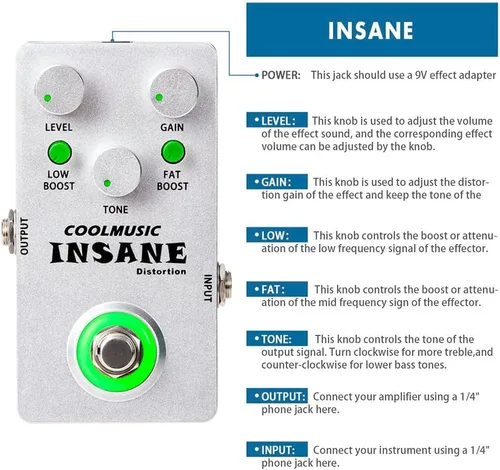 Miniatura 7 de COOLMUSIC C-DI01 Insane Distortion Pedal de distorsión de bajo para guitarra