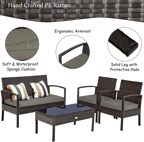 Miniatura 4 de HAPPYGRILL Juego de muebles de patio de 4 piezas, juego de conversación de mimbre de ratán para jardín, piscina, césped, sofá biplaza, asiento Marrón