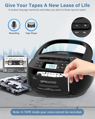 Miniatura 4 de Greadio Boombox - Reproductor de CD y cassette, Boom Box, reproductores de CD portátiles para el hogar con Bluetooth, compatible con radio AM FM