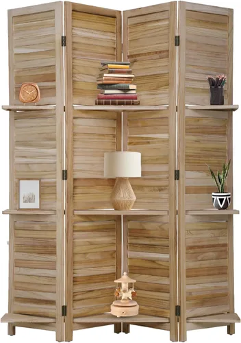 Divisor de habitación de 4 paneles, pantalla de madera de privacidad con estantes, separadores de habitación, separadores de habitación plegables